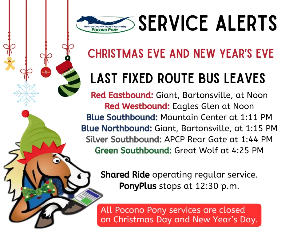 Winter Holiday Schedule - 1/2 day Christmas Eve and New Years Eve, Closed Christmas Day and New Years Day - schedule of last buses with graphic